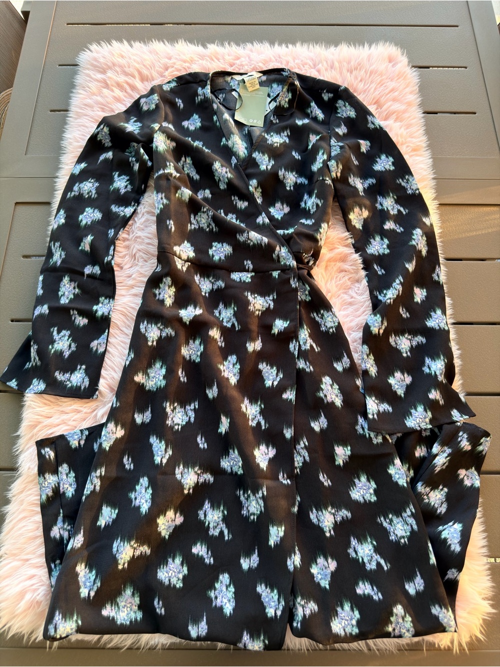 H&M Black Long Sleeve Floral Wrap Dress